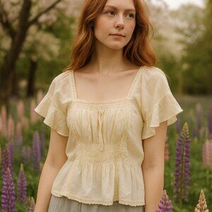 DIZZY LIZZY VTG Y2K Short Sleeve Top Womens L Ivory Whimsy Fairy Regencycore